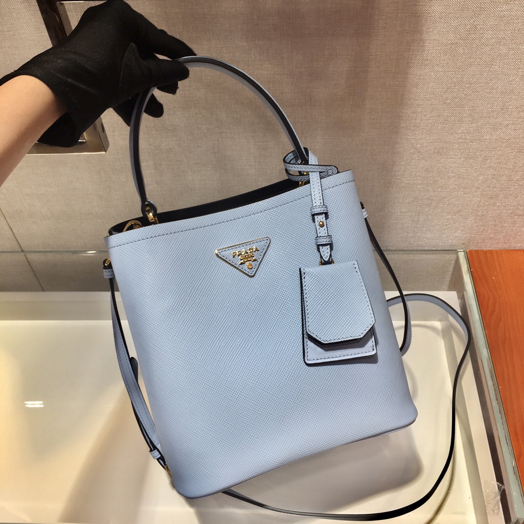 Prada Medium Panier Saffiano Leather Bag Blue Pale/Black 1BA212